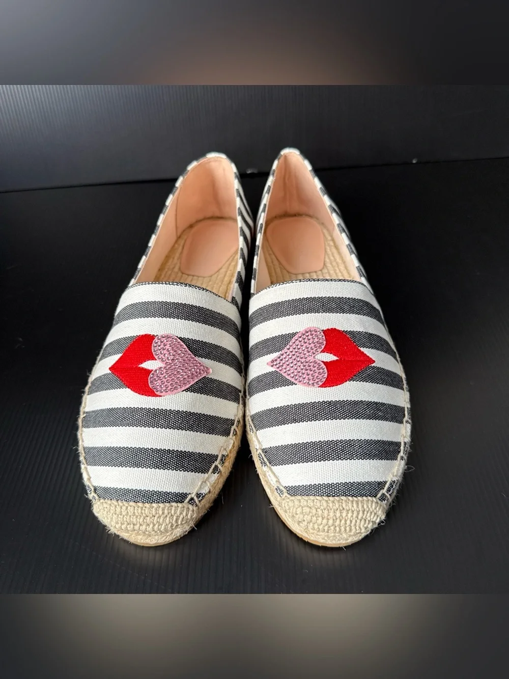 NIB Kate Spade Black White Gimlet Heart Lips Espadrille Shoes Women’s Size 9.5